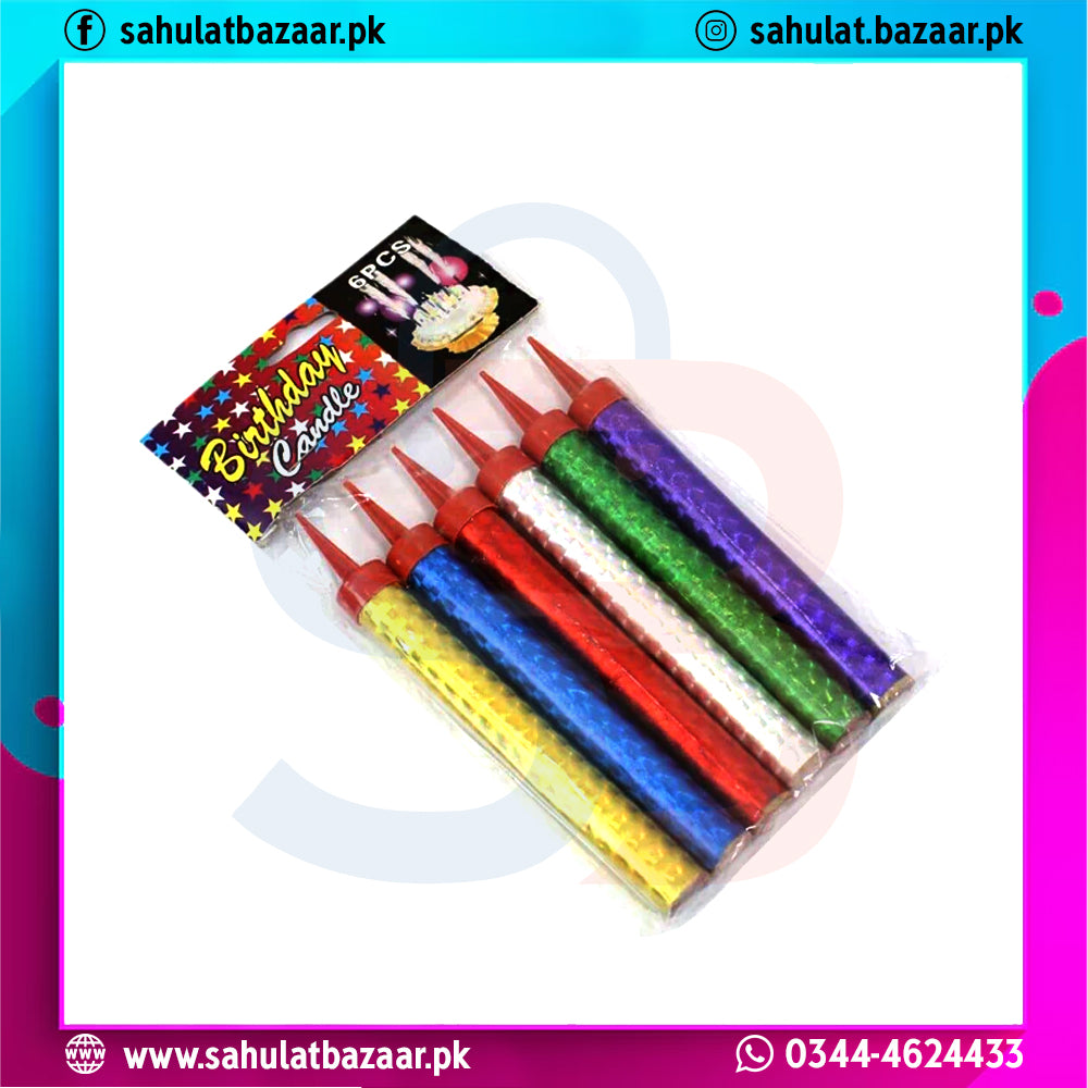 Set of colorful birthday candles in a box with packaging labeled 'Birthday Candles'.