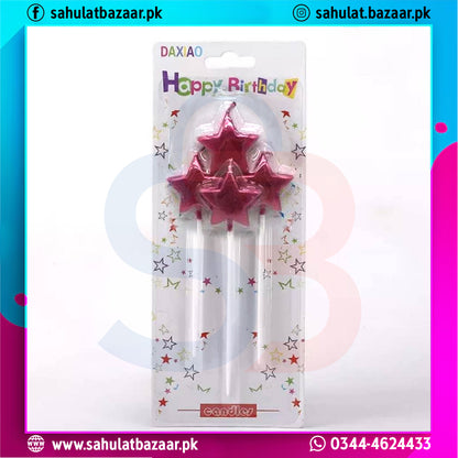 Star-shaped birthday candles in packaging with 'Happy Birthday' text, brand 'DAXIAO' visible.