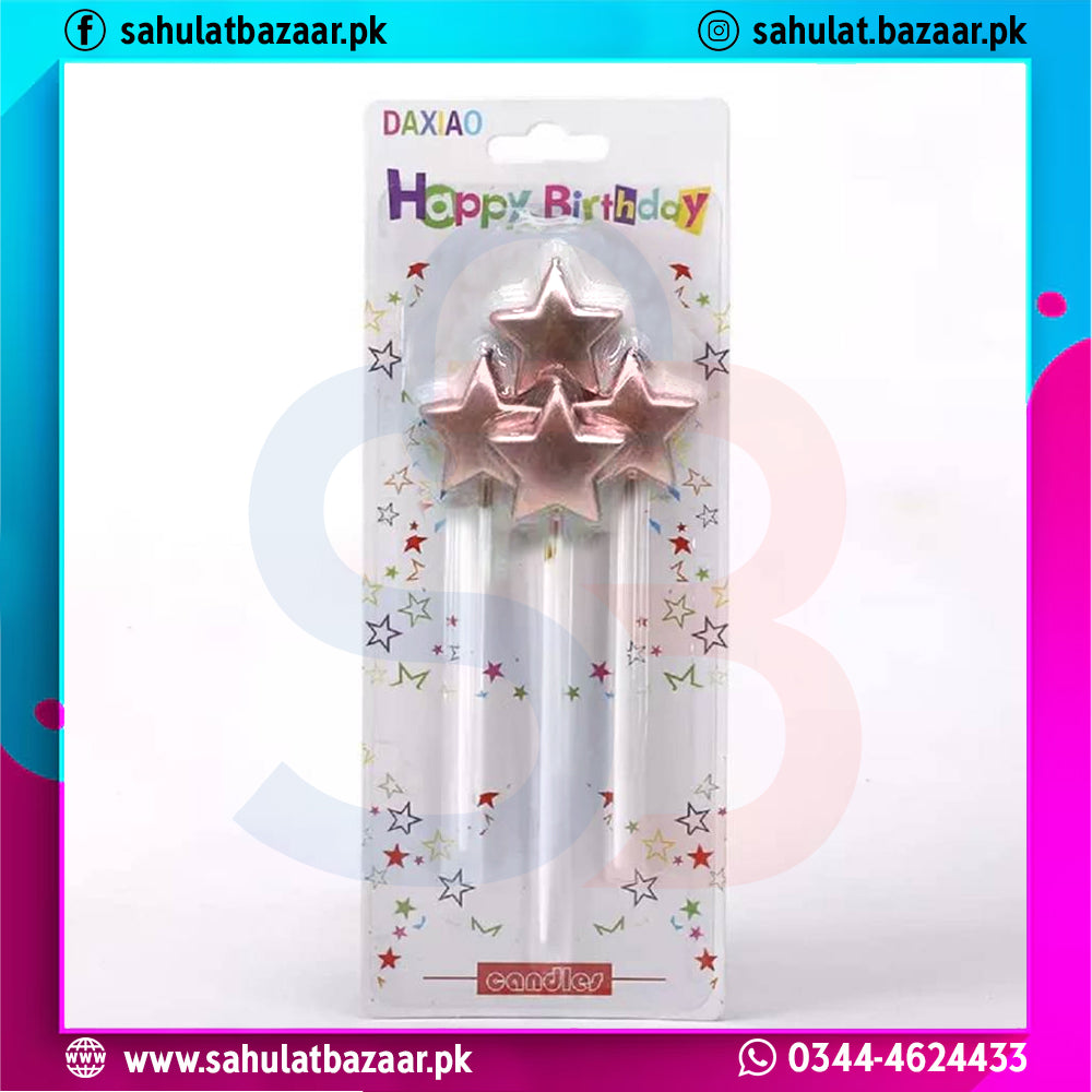 Star-shaped birthday candles in packaging with 'Happy Birthday' text, brand 'DAXIAO' visible.