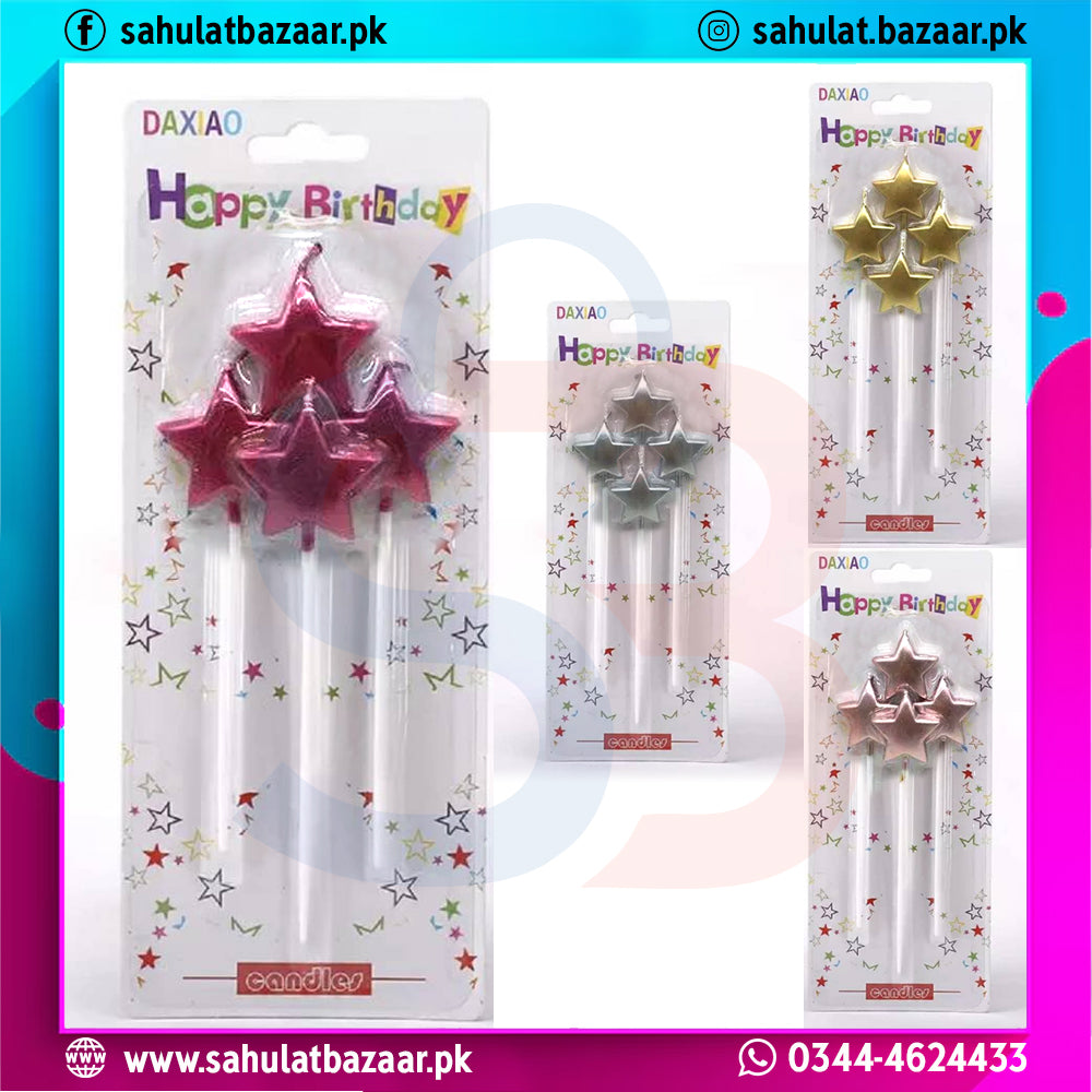Star-shaped birthday candles in packaging with 'Daxiao' branding on a colorful background.