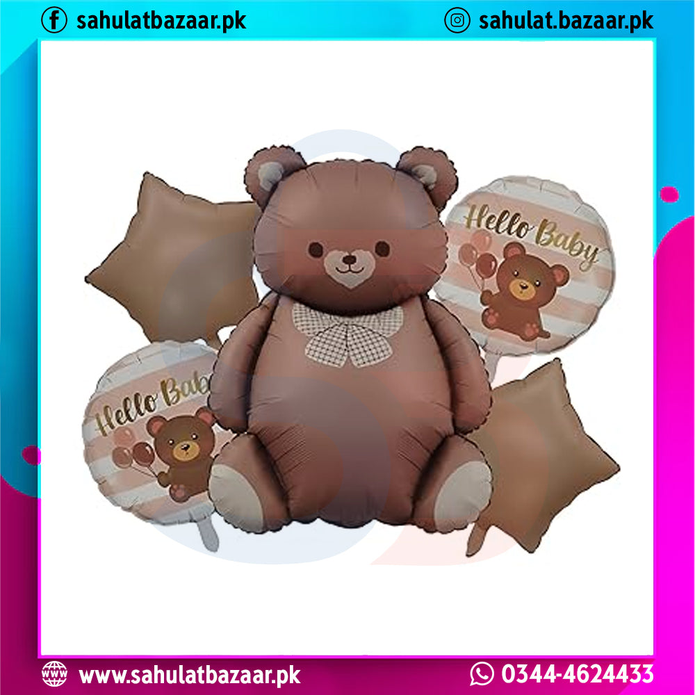 Hello Baby Teddy Bear Foil Balloon Decoration Set – 5 Pcs Baby Shower & Newborn Welcome Party Decoration