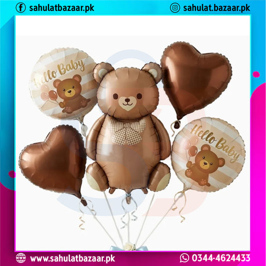 Hello Baby Teddy Bear Foil Balloon Decoration Set – 5 Pcs Baby Shower & Newborn Welcome Party Decoration