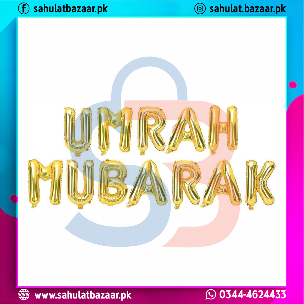 Gold balloon letters spelling 'Umrah Mubarak' on a colorful background with brand information.