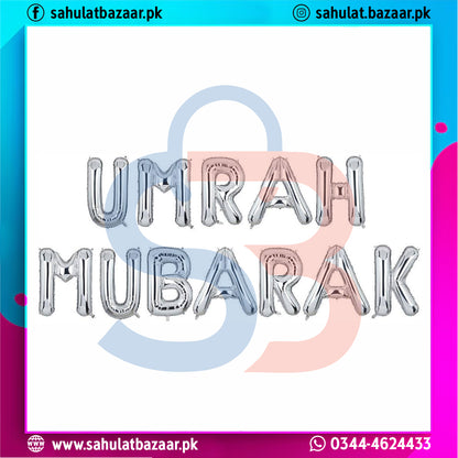Balloon-shaped letters spelling 'UMRAH MUBARAK' with colorful border and branding text.