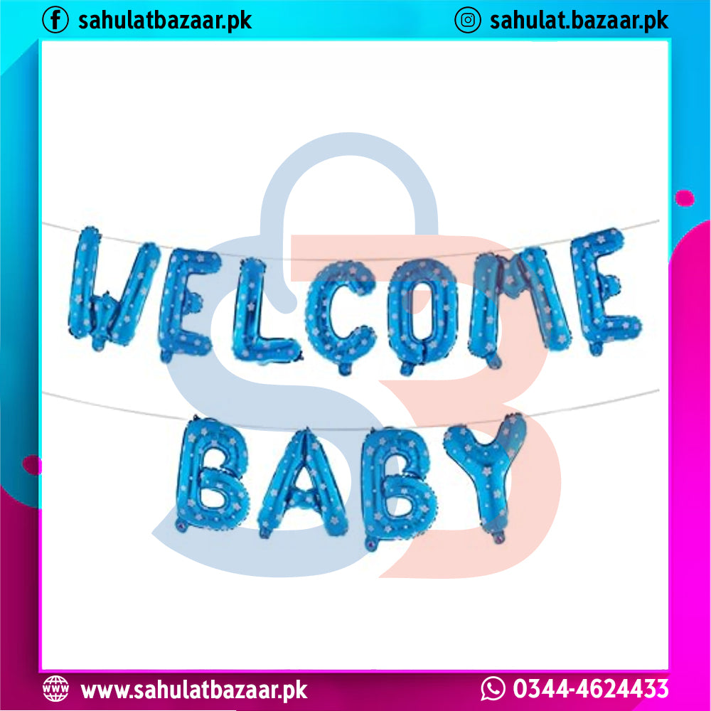 Blue balloon letters spelling 'Welcome Baby' with a colorful border.