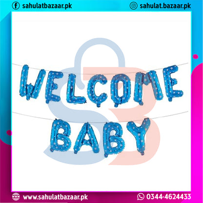 Blue balloon letters spelling 'Welcome Baby' with a colorful border.