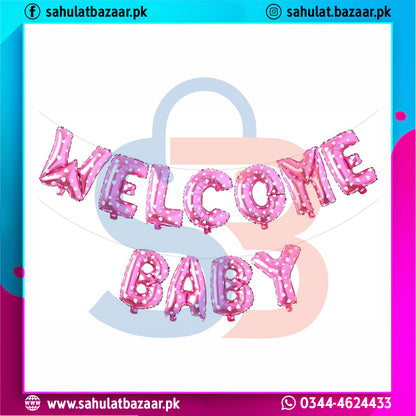 Pink 'Welcome Baby' balloons with a baby bag on a colorful border, featuring branding text at the top.