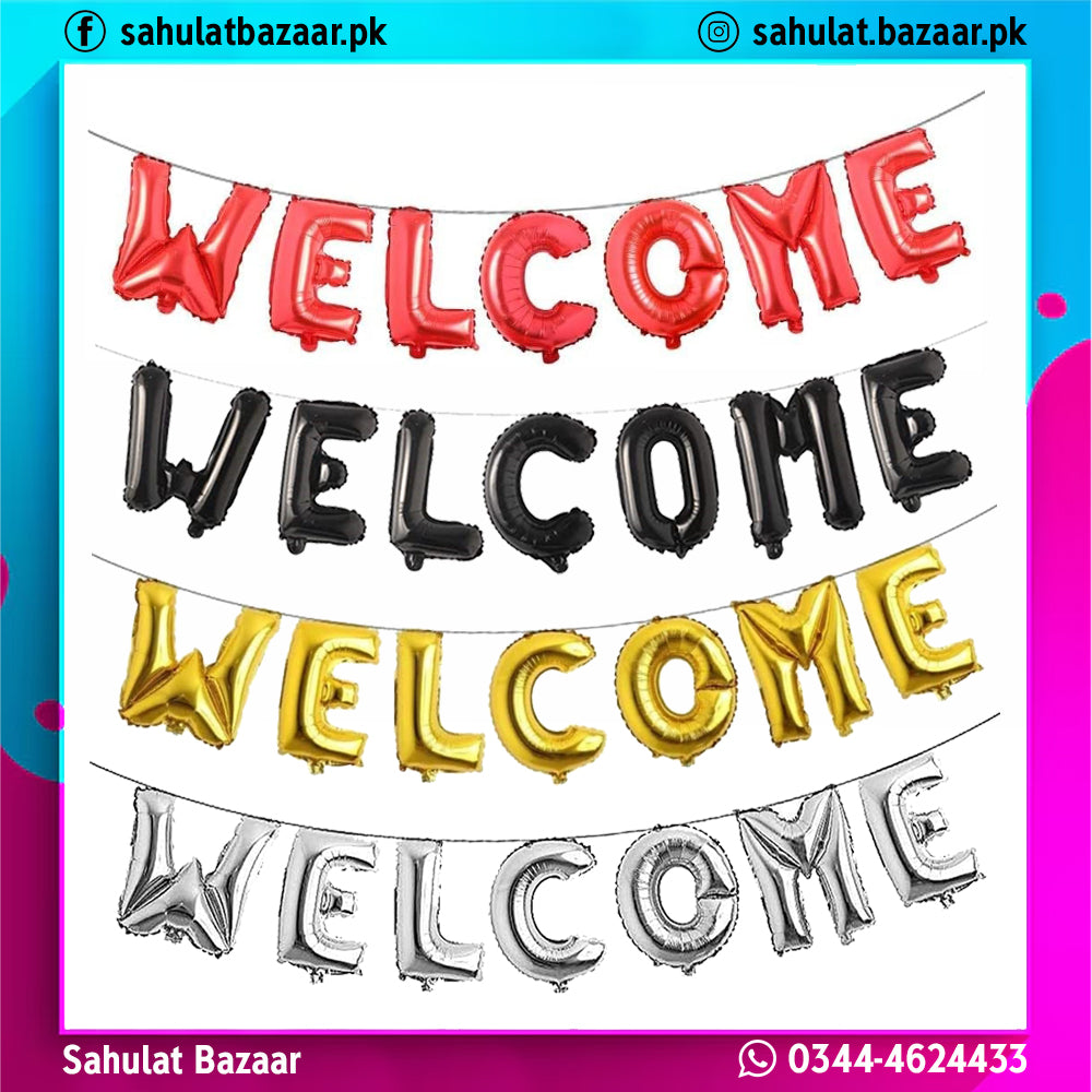 Colorful 'WELCOME' balloons with Sahulat Bazaar branding.