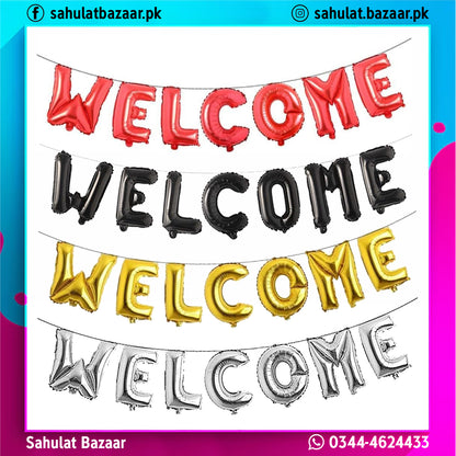 Colorful 'WELCOME' balloons with Sahulat Bazaar branding.
