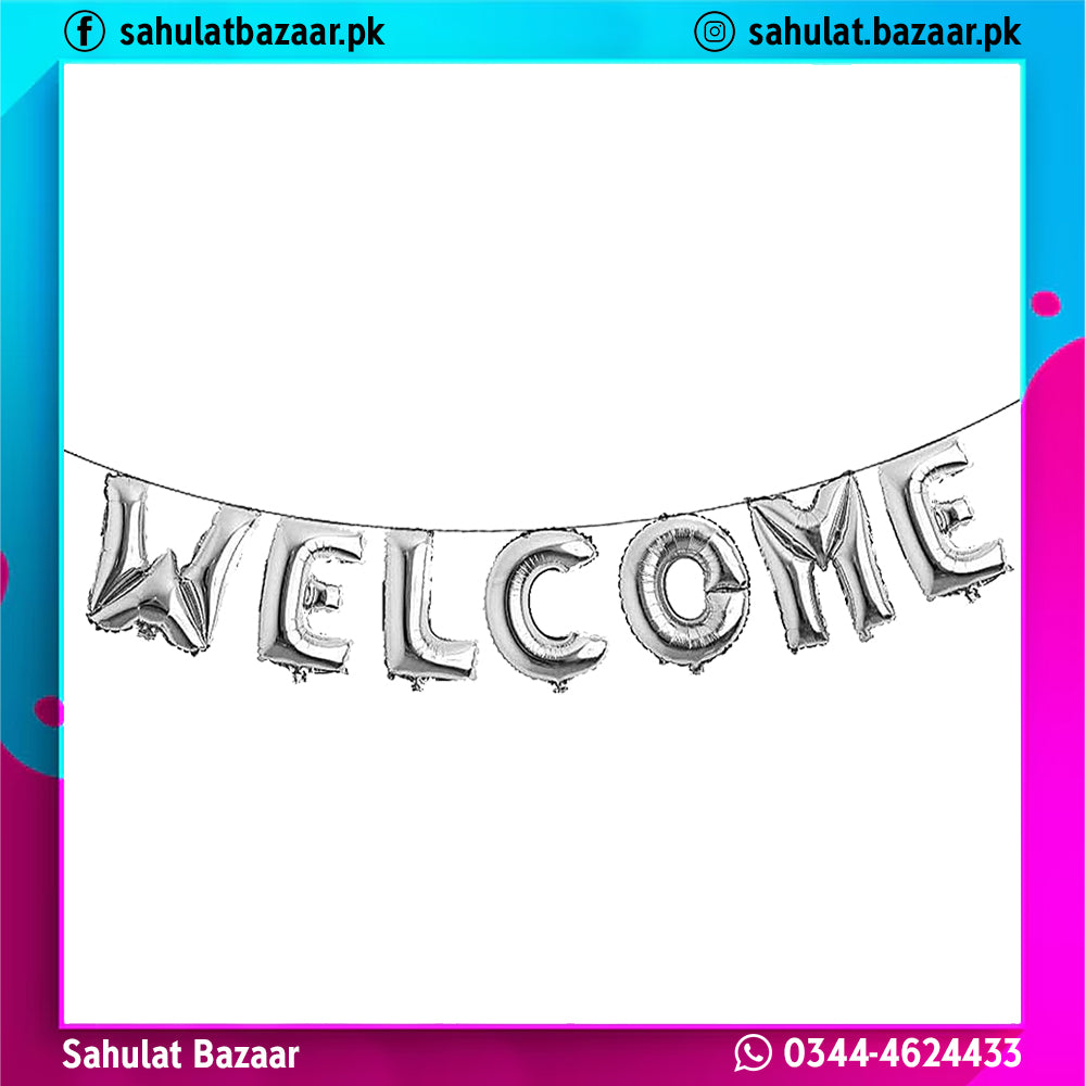 Silver 'WELCOME' balloon banner on a white background with colorful border