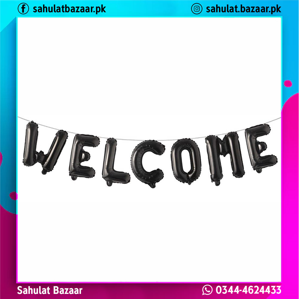 Black 'WELCOME' balloon banner on a white background with colorful border