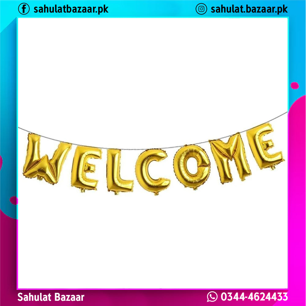 Gold 'WELCOME' balloons on a white background with colorful border