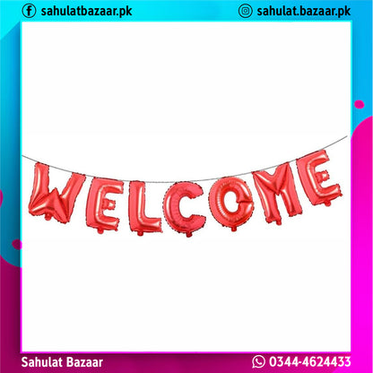 Red 'WELCOME' balloon banner with Sahulat Bazaar branding on a colorful border.