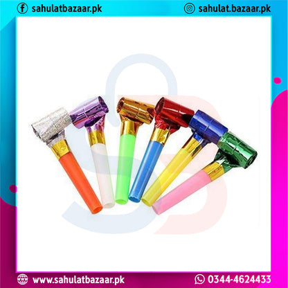 Colorful noisemakers on a white background with 'sahulatbazaar.pk' branding.