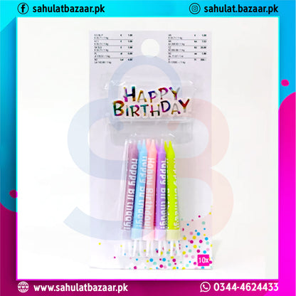 Pack of colorful birthday candles with 'Happy Birthday' text on packaging.