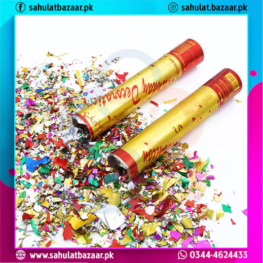 Two confetti cannons with colorful confetti on a white background, featuring the brand 'Sahulat Bazaar'.