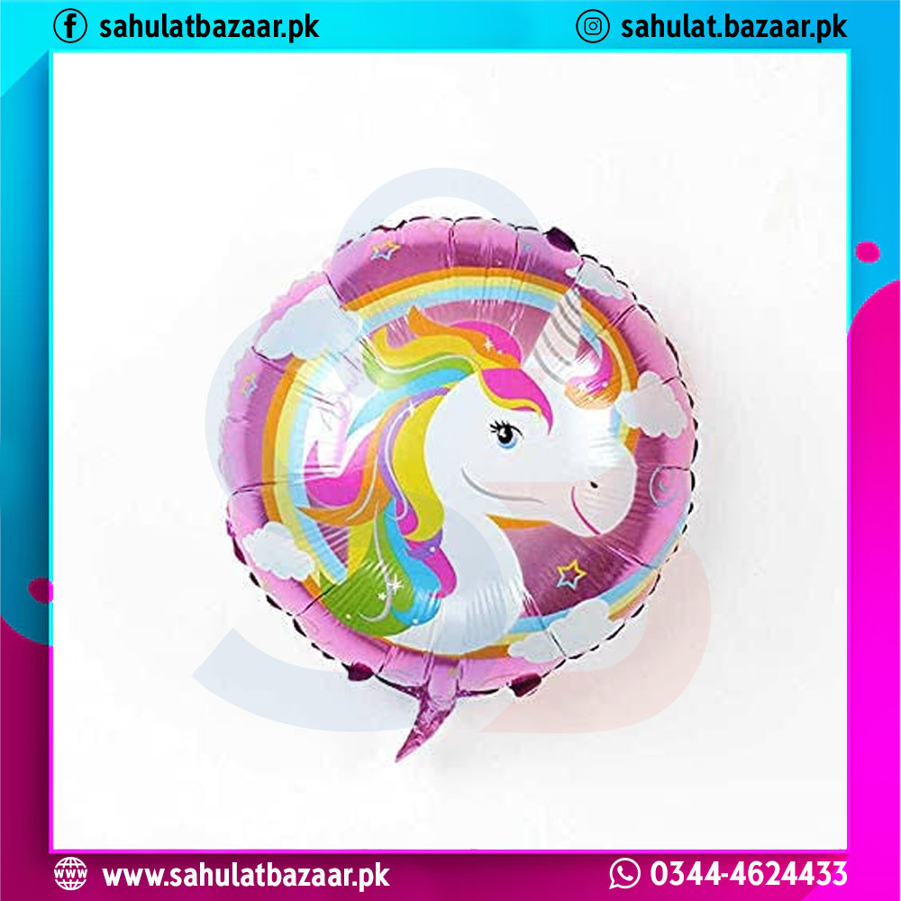 Unicorn-shaped balloon with colorful design on a white background