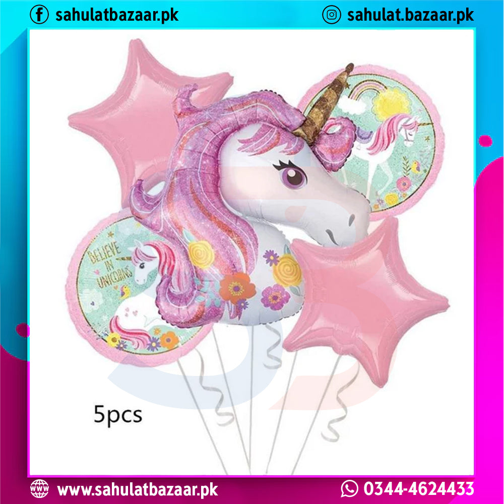 Unicorn-shaped balloon with pink hair and a crown, surrounded by star-shaped balloons, on a colorful background with 'sahulatbazaar.pk' branding.
