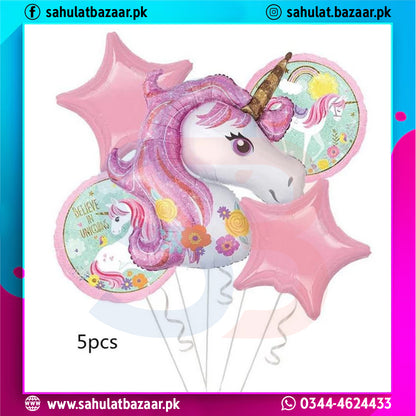 Unicorn-shaped balloon with pink hair and a crown, surrounded by star-shaped balloons, on a colorful background with 'sahulatbazaar.pk' branding.